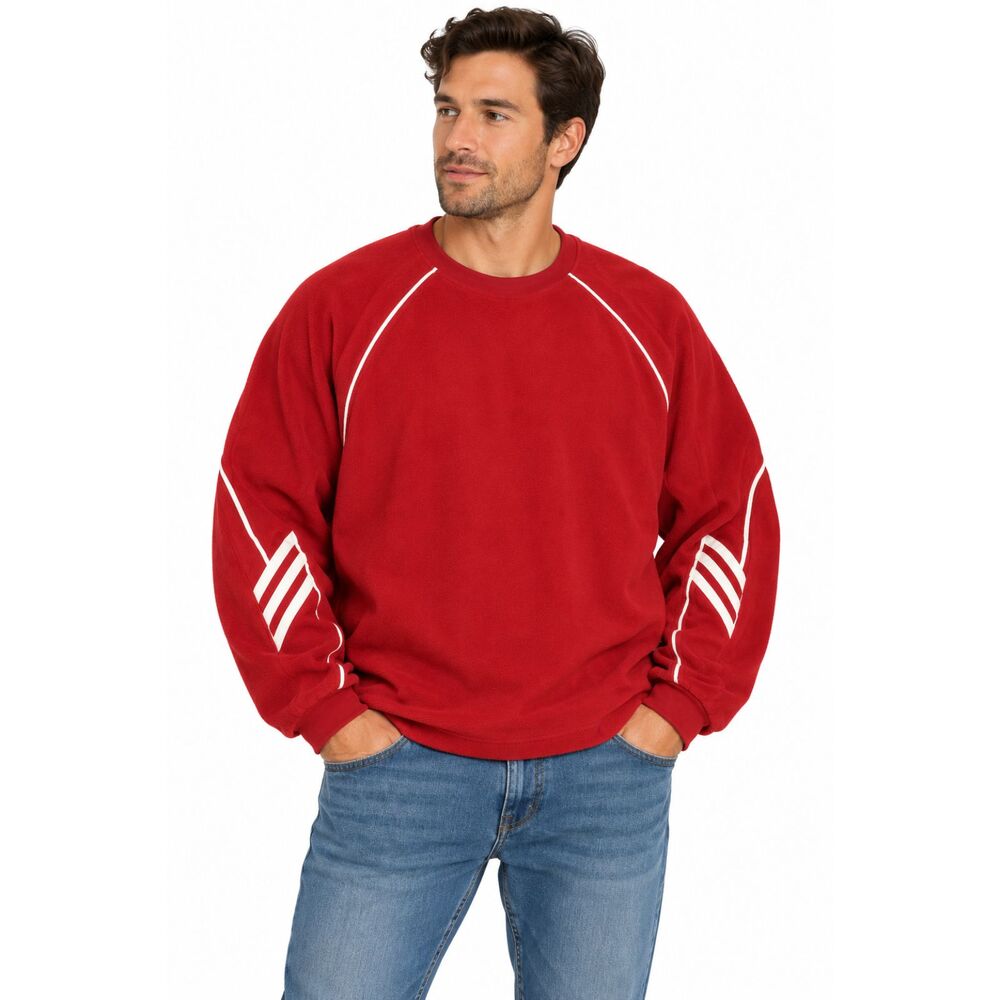 Adidas ClimaWarm Red Fleece Crewneck Pullover White Stripe Sleeves | Size 2XL